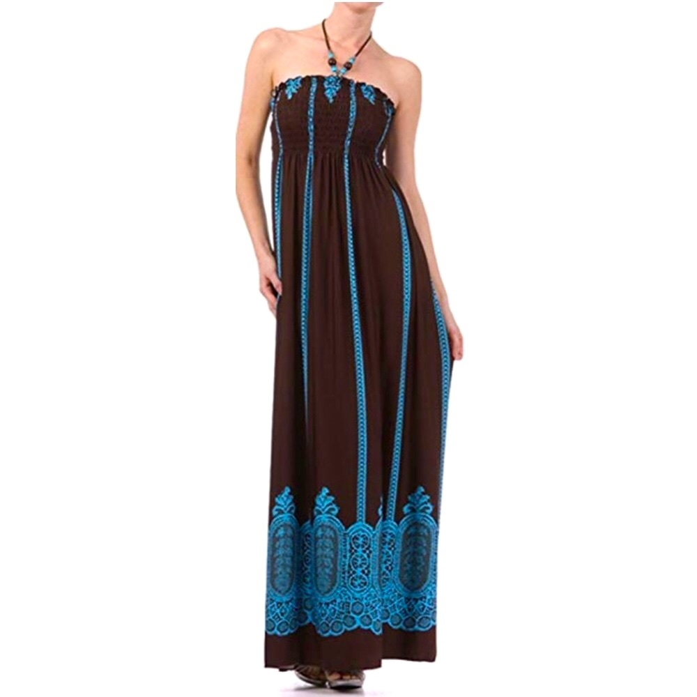 BoHo Beaded Halter Maxi Dress in Chocolate & Teal